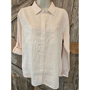 Calvin klein roll tab sleeve light weight shiny button up Career Casual blouse^